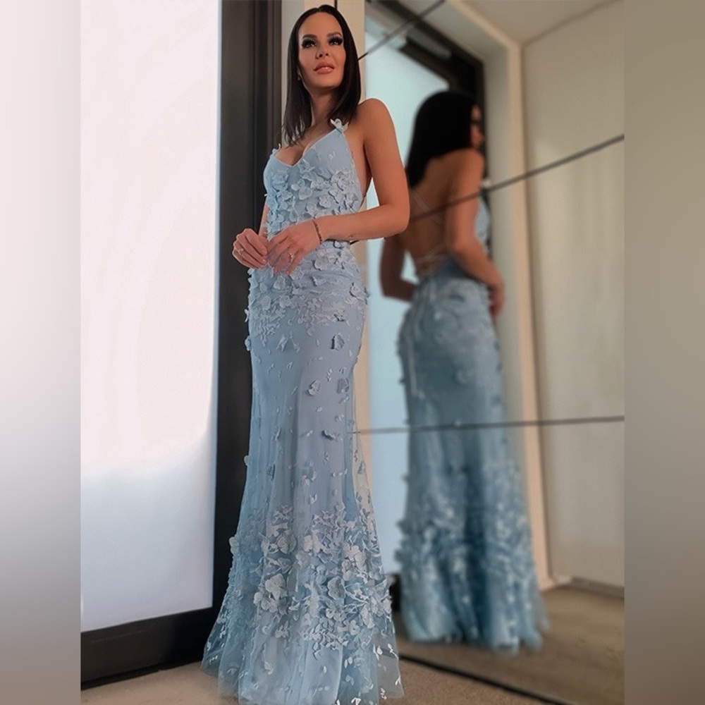 Sheath/Column Tulle Applique Halter Sleeveless Floor-Length Dresses  #MH0155